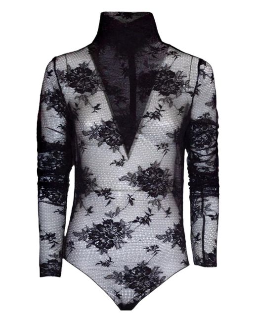 ANDAMANE Black Floral-Embroidered Bodysuit