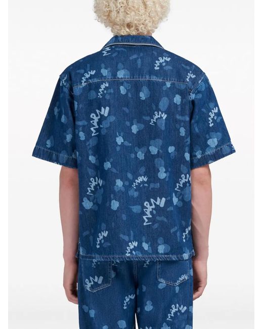 Marni Blue Printed Denim Shirt for men