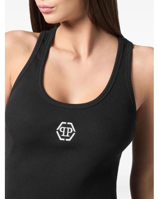 Philipp Plein Black Ribbed Hexagon-Logo Tank Top