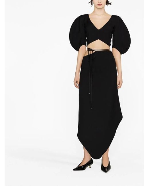 V:PM ATELIER Black Swirl Puff-sleeve Crop Top
