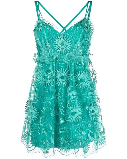 Alberta Ferretti Blue Floral-Embroidered Ruffled Mini Dress