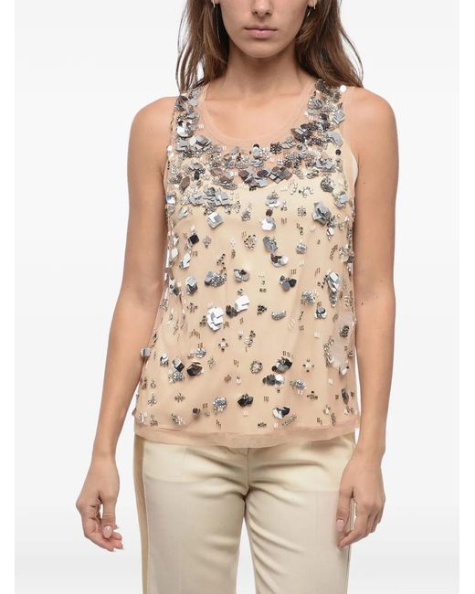 P.A.R.O.S.H. Natural Sequin-Embellished Mesh Top