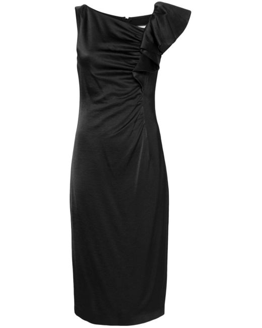 Nissa Black Ruffled Satin Midi Dress