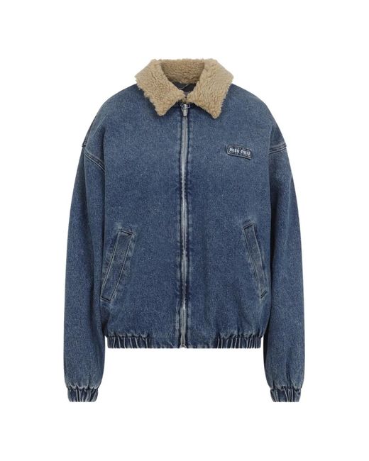 Miu Miu Blue Shearling-Collar Logo-Patch Denim Jacket