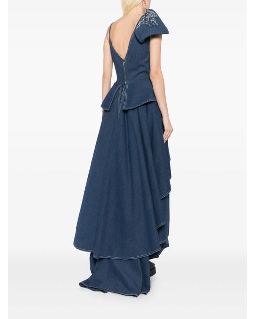 Saiid Kobeisy Blue Floral-Embroidered Denim Maxi Dress