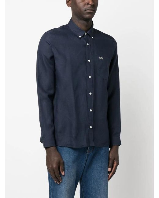 Lacoste Blue Logo-Patch Button-Down Shirt for men
