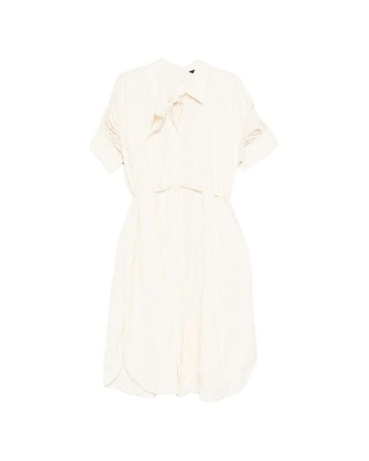 Juun.J White Bow-Detail Ruched-Sleeve Dress