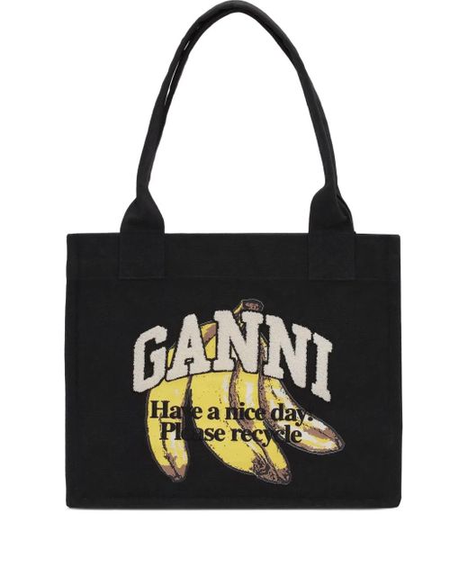 Ganni Black Banana Print Tote Bag
