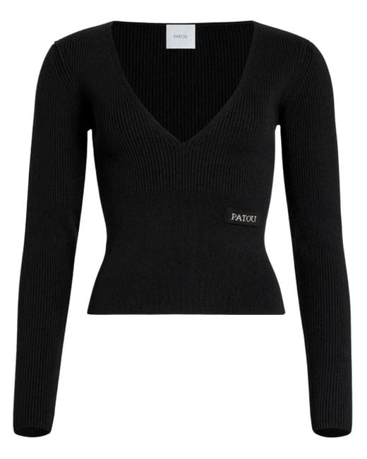 Patou Black V-Neck Ribbed Sweater