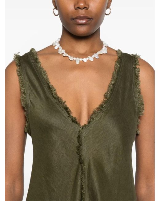 P.A.R.O.S.H. Green Fern Linen Maxi Dress With Deep V-Neck
