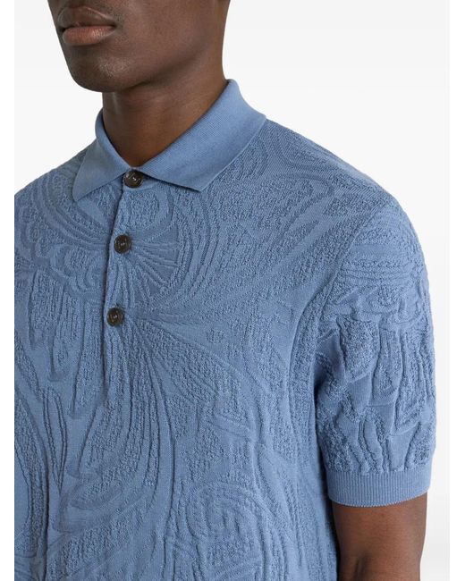 Etro Blue Paisley-Motif Knit Cotton Polo Shirt for men