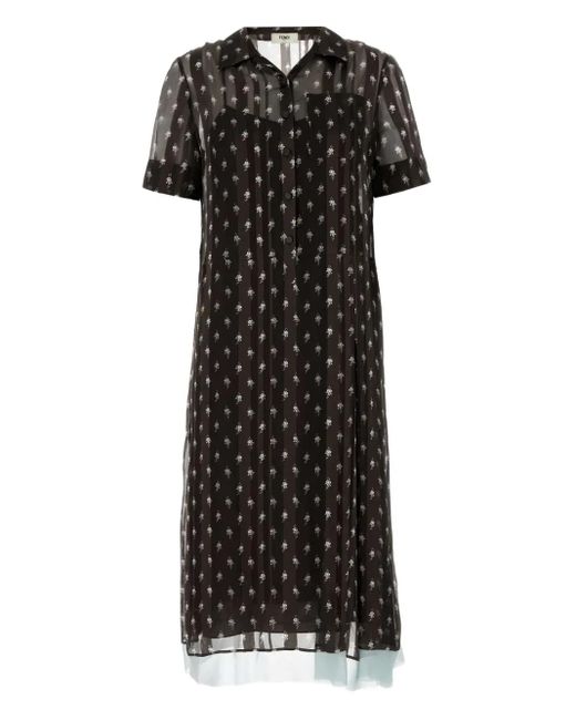 Vestido camisero de seda estampado Fendi de color Black