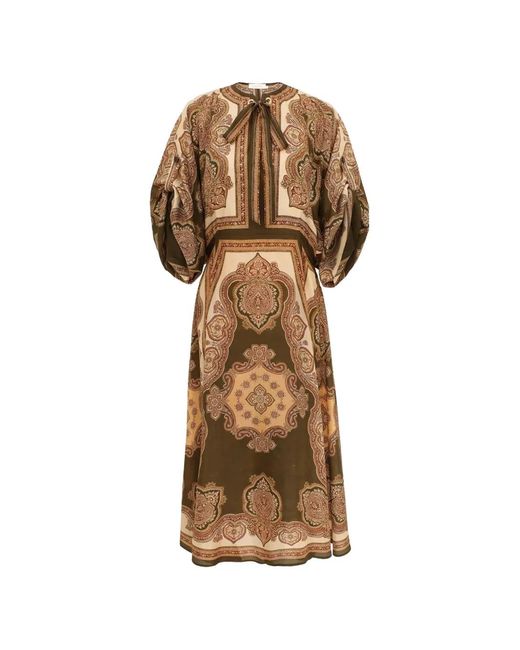 Zimmermann Brown Mahon Paisley-Print Tie-Neck Midi Dress