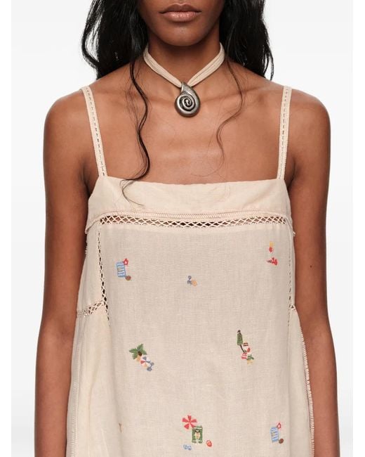 Bimba Y Lola Natural Sand Linen A-Line Mini Dress With Embroidery