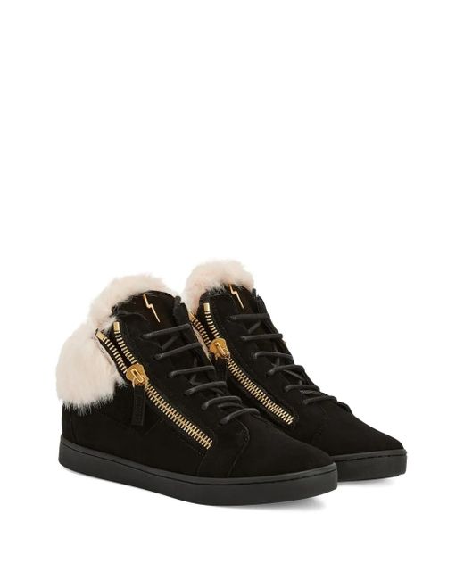 Giuseppe Zanotti Black Kriss Fur-Trimmed Zip-Detail Sneakers