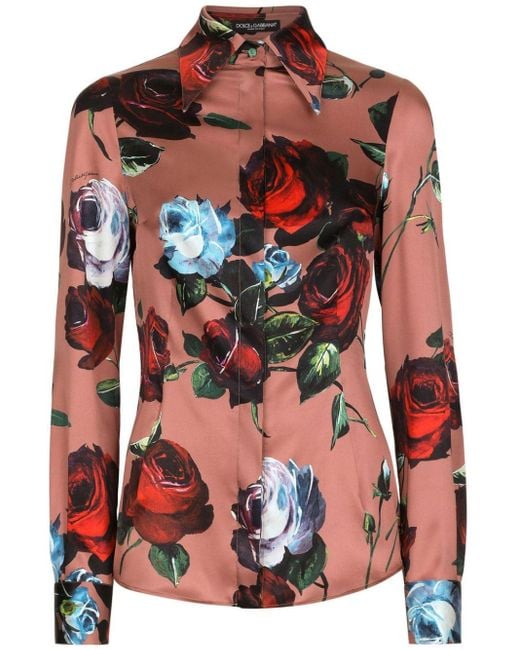 T-shirt en soie stretch à fleurs Dolce & Gabbana en coloris Red