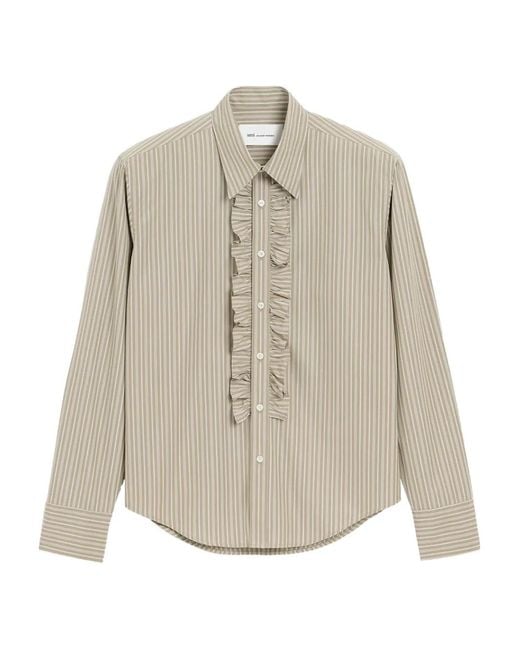 AMI Natural Ruffled-Detail Long-Sleeve Striped Shirt for men