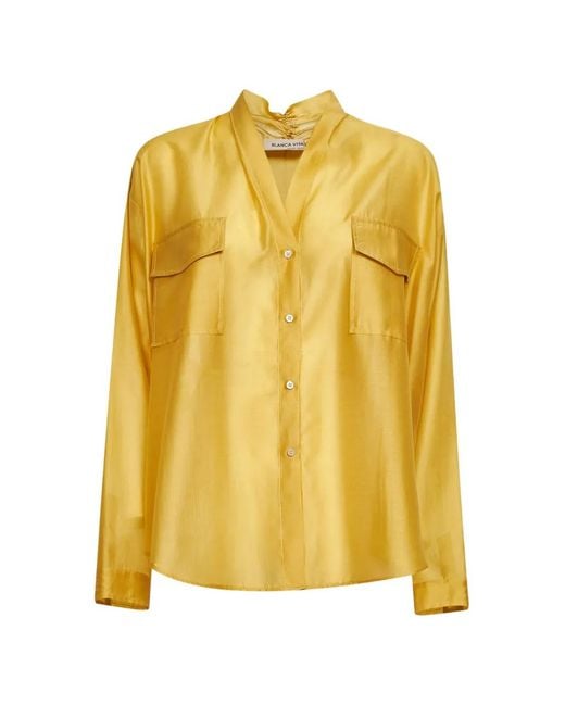 Blanca Vita Yellow Pleated-Back Pocket-Detail Blouse