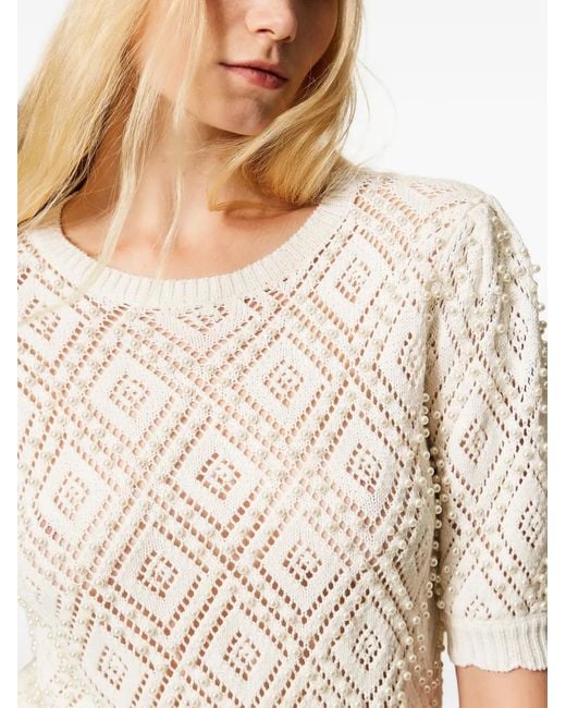 Twinset Natural Diamond Pattern Jumper With Pearls