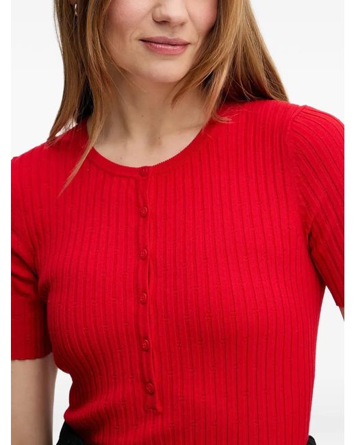 Marc O' Polo Red Ribbed-Knit Button-Up Top