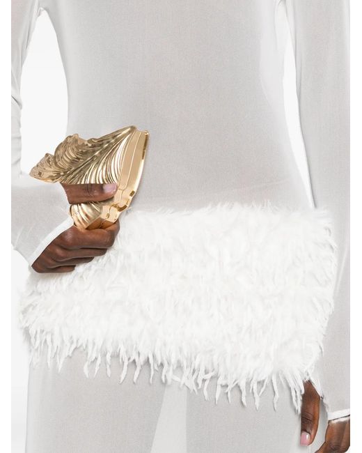 Atu Body Couture White Feather-Trimmed High-Neck Maxi Dress