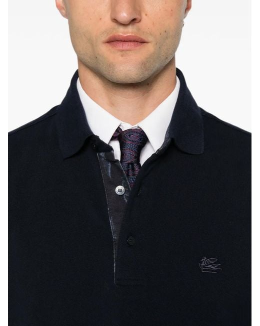 Etro Blue Logo-Embroidered Long-Sleeve Polo Shirt for men