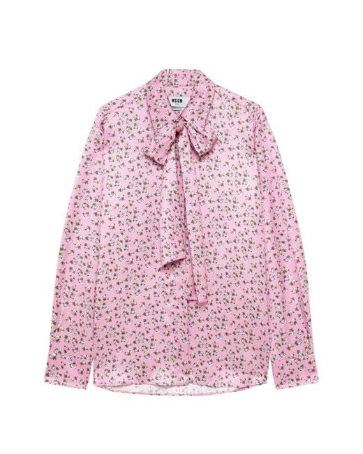 MSGM Pink Floral-Print Pussy-Bow Shirt