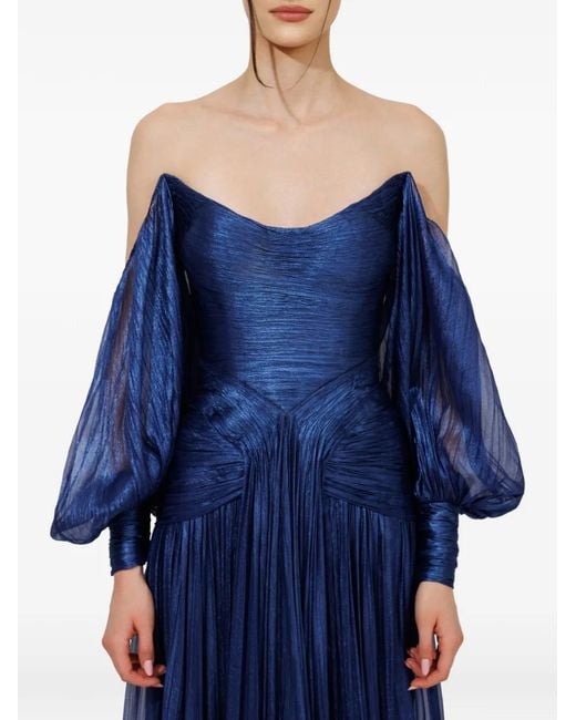 IRIS SERBAN Blue Petal Balloon-Sleeve Off-Shoulder Maxi Dress
