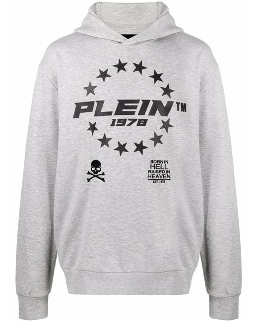 Philipp Plein Gray Logo-Print Pullover Hoodie for men
