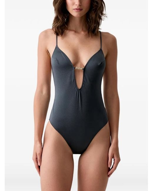 Mc2 Saint Barth Blue Logo-Plaque Scoop-Back Swimsuit