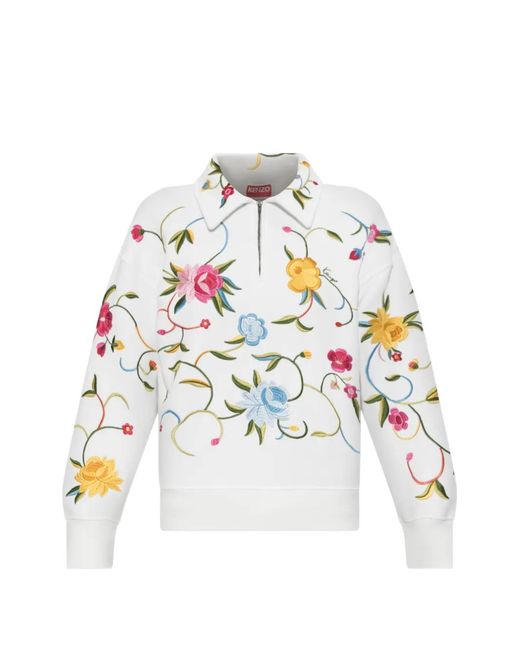 KENZO White Floral-Embroidered Quarter-Zip Sweatshirt