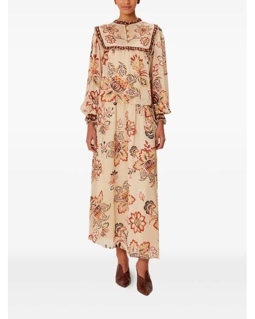 Farm Rio White Floral-Print Ruffled Midi Skirt