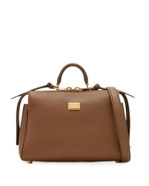 Dolce & Gabbana Brown Vittoria Logo-Plaque Leather Tote Bag