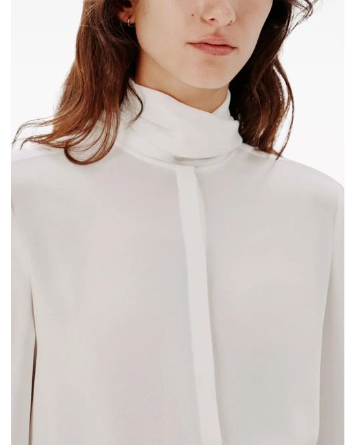 Another Tomorrow White Enka-Blend Tie-Neck Blouse