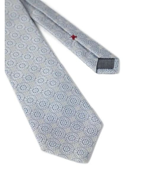 Brunello Cucinelli White Patterned Silk Tie for men