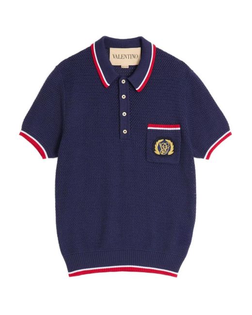 Valentino Garavani Blue Contrast-Trim Knitted Polo Shirt for men