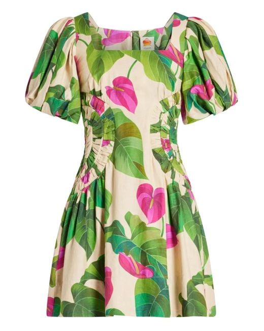 Farm Rio Green Puff-Sleeve Floral-Print Mini Dress
