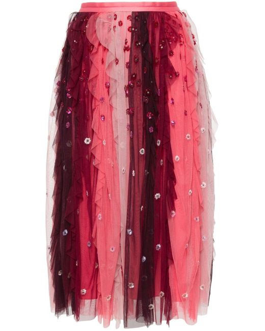 Needle & Thread Red Sequin-embellished Tulle Midi Skirt