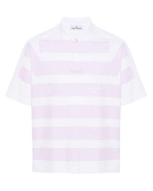 Stone Island White Striped Cotton Polo Shirt for men