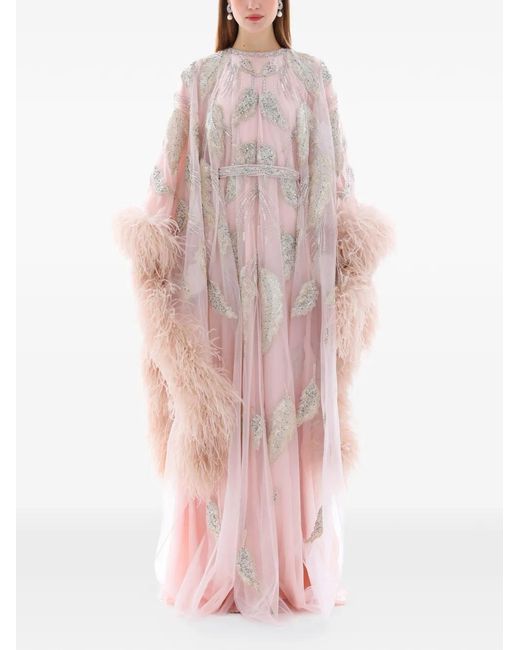 Dina Melwani Pink Feather-Trim Crystal-Embroidered Maxi Dress