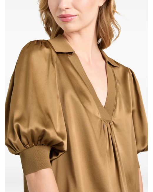 Cinq À Sept Brown Weldon Collared V-Neck Short-Sleeve Silk Combo Top