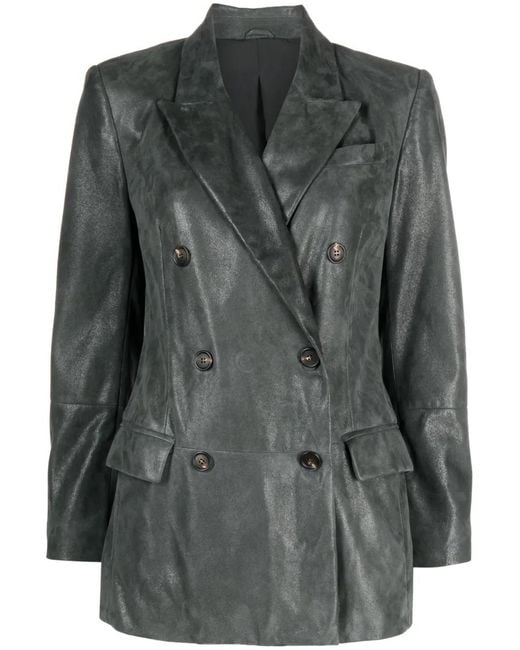 Brunello Cucinelli Black Leather Double-Breasted Jacket