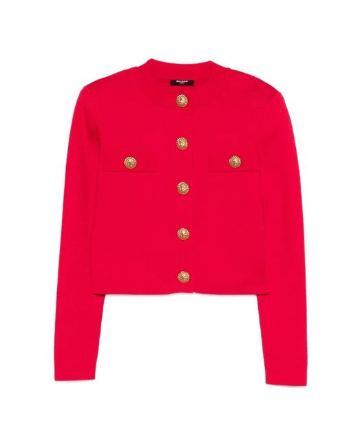 Balmain Red Buttoned Crewneck Cardigan