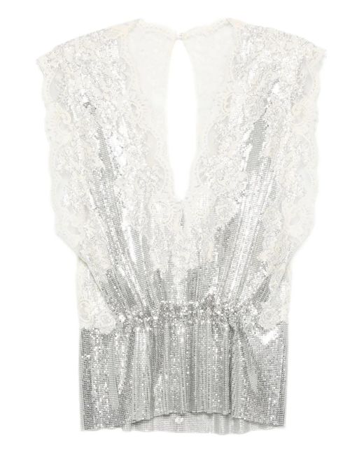 Rabanne White Lace-Insert Mesh Gathered-Waist Top