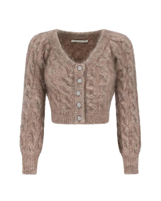 Alessandra Rich Natural Cardigan En Maille Torsadée À Sequins