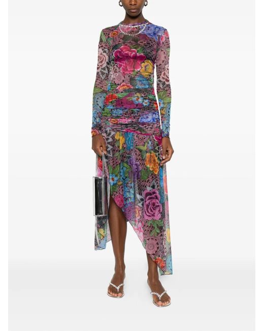 Area Pink Floral-Print Asymmetric Midi Dress