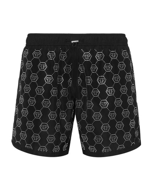 Philipp Plein Black Crystal-Monogram Swim Shorts for men