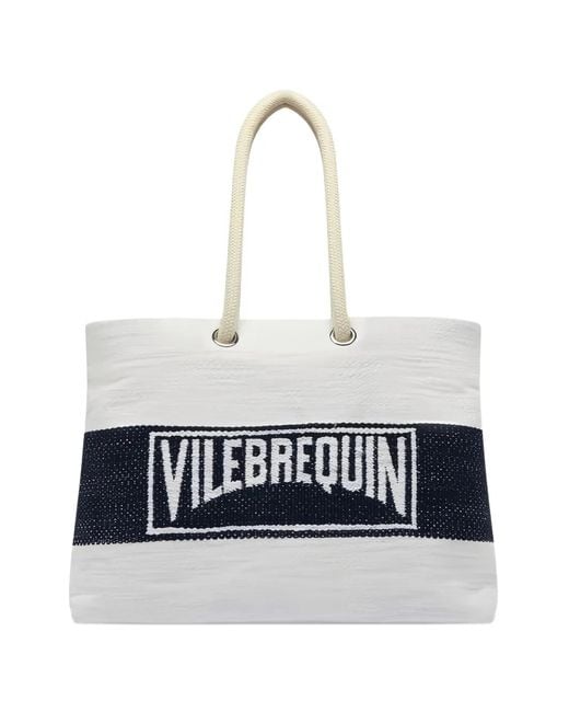 Vilebrequin White Sac De Plage Rayé À Logo Brodé