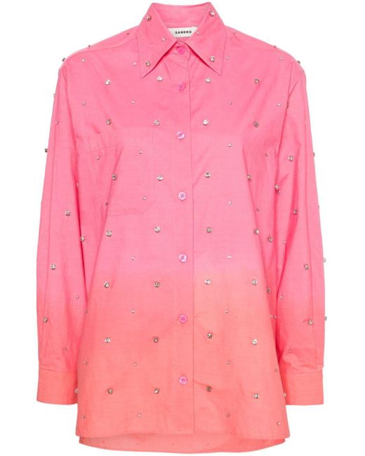 Sandro Pink Rhinestone-embellished Tie-dye Cotton Shirt