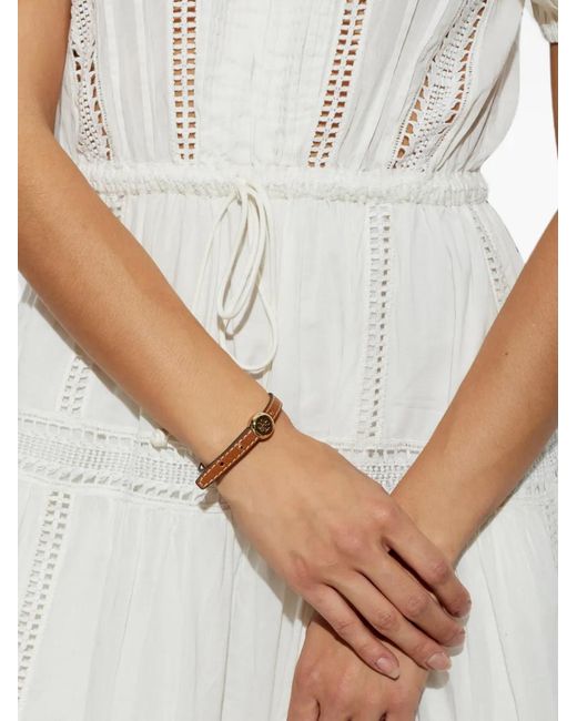 Tory Burch White Logo-Plaque Leather Bracelet